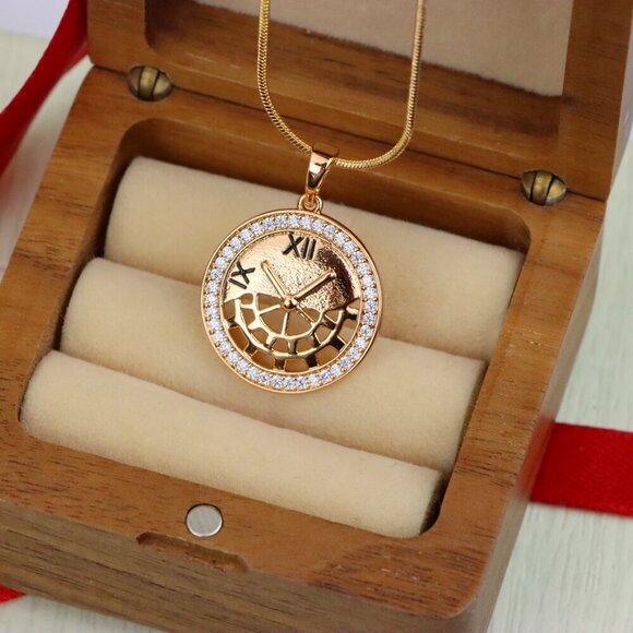 "Rose Gold Clock Face Pendant with Roman Numerals and Iced Border, XPPT1406 - Picture 6 of 12